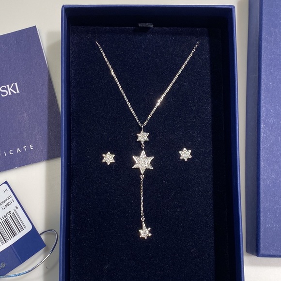 Swarovski Crystal & Silver Y-shaped Dangling Star Necklace Matching Earrings NWT - Picture 2 of 8